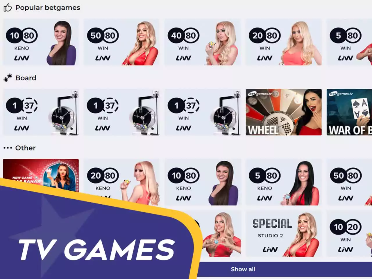 Place bets on tv games in the Bilbet casino.