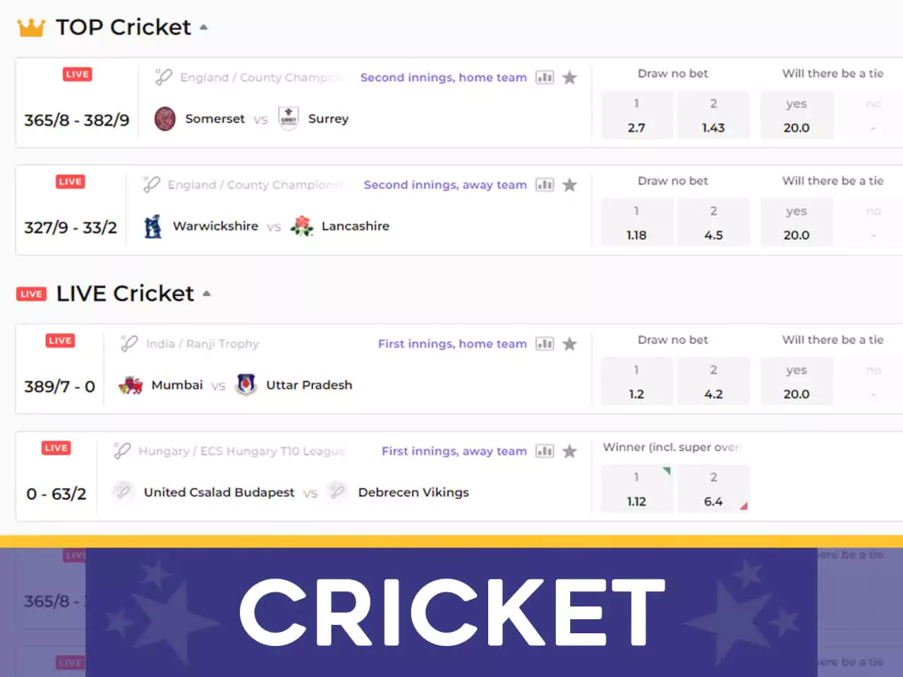 Place bets on cricket in the Bilbet sportsbook.