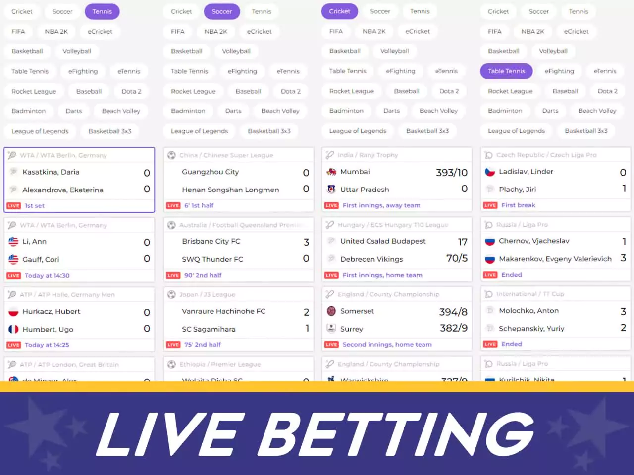 Bilbet offers match streamings and betting during the matches.